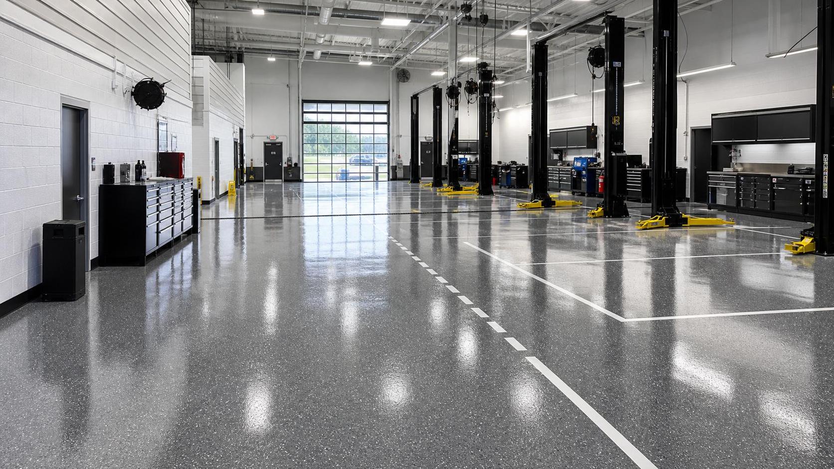 Clean commercial auto service bay with glossy gray epoxy floor coating